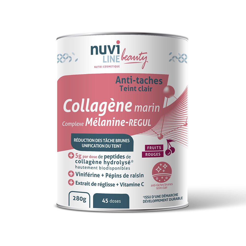 Runde Dose mit Produkt. Aufschrift: Collagène marin, Anti-taches, Mélanine-REGUL. 280g, 45 Dosen. Nuviline Beauty.