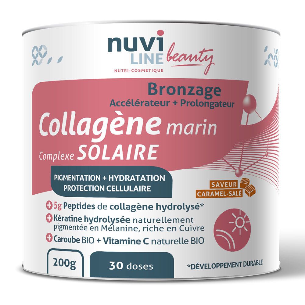Boîte Nuviline Collagène Marin. Design rose et blanc. Texte: Collagène marin Solaire, 200g, 30 doses. Saveur caramel-salé.