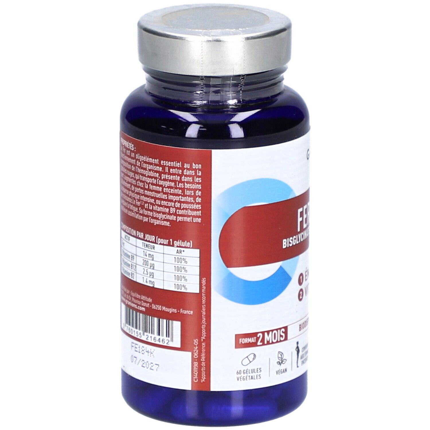 Dos du flacon bleu de gélules. Texte: Composition, informations nutritionnelles, date de péremption. 60 gélules végétales.