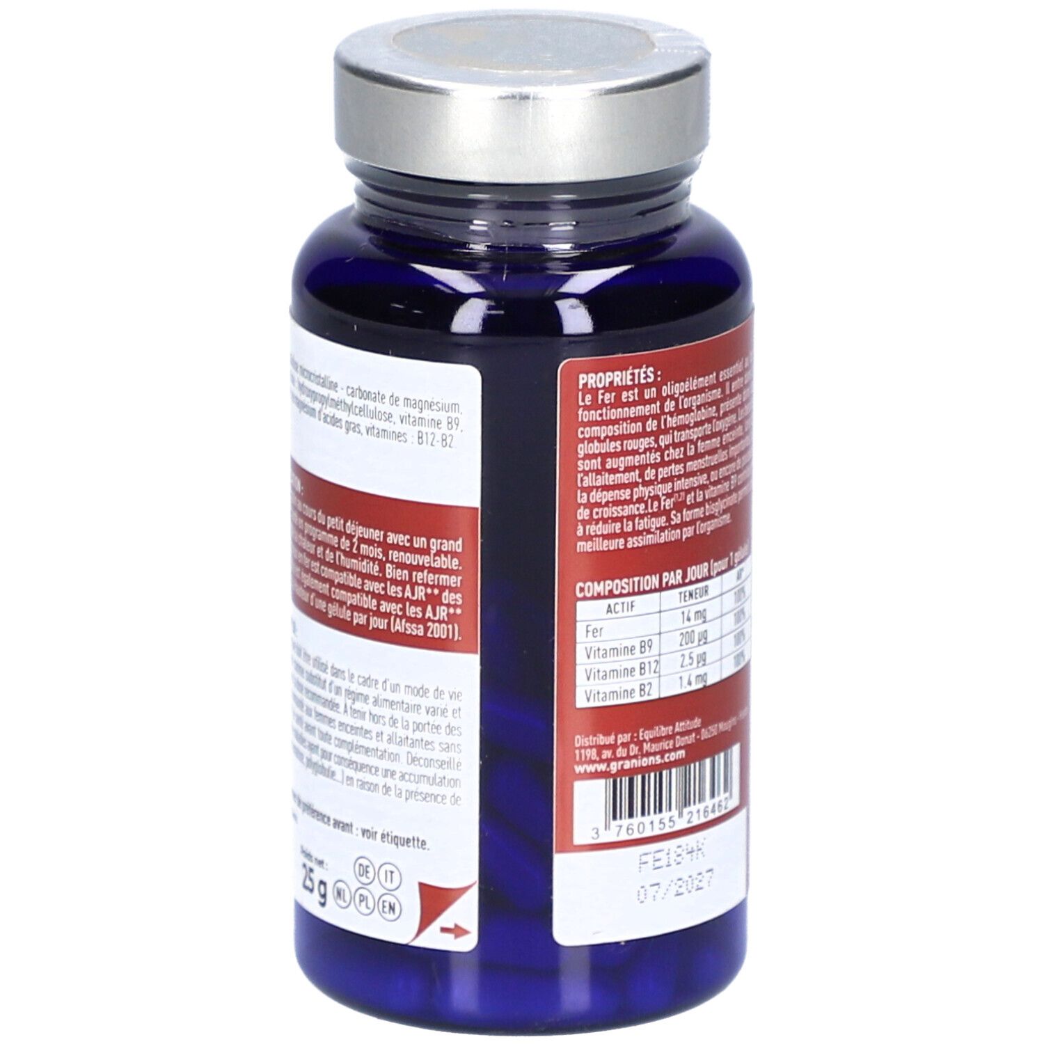 Dos du flacon bleu de gélules. Texte: Propriétés, composition par jour, date de péremption. 25g.