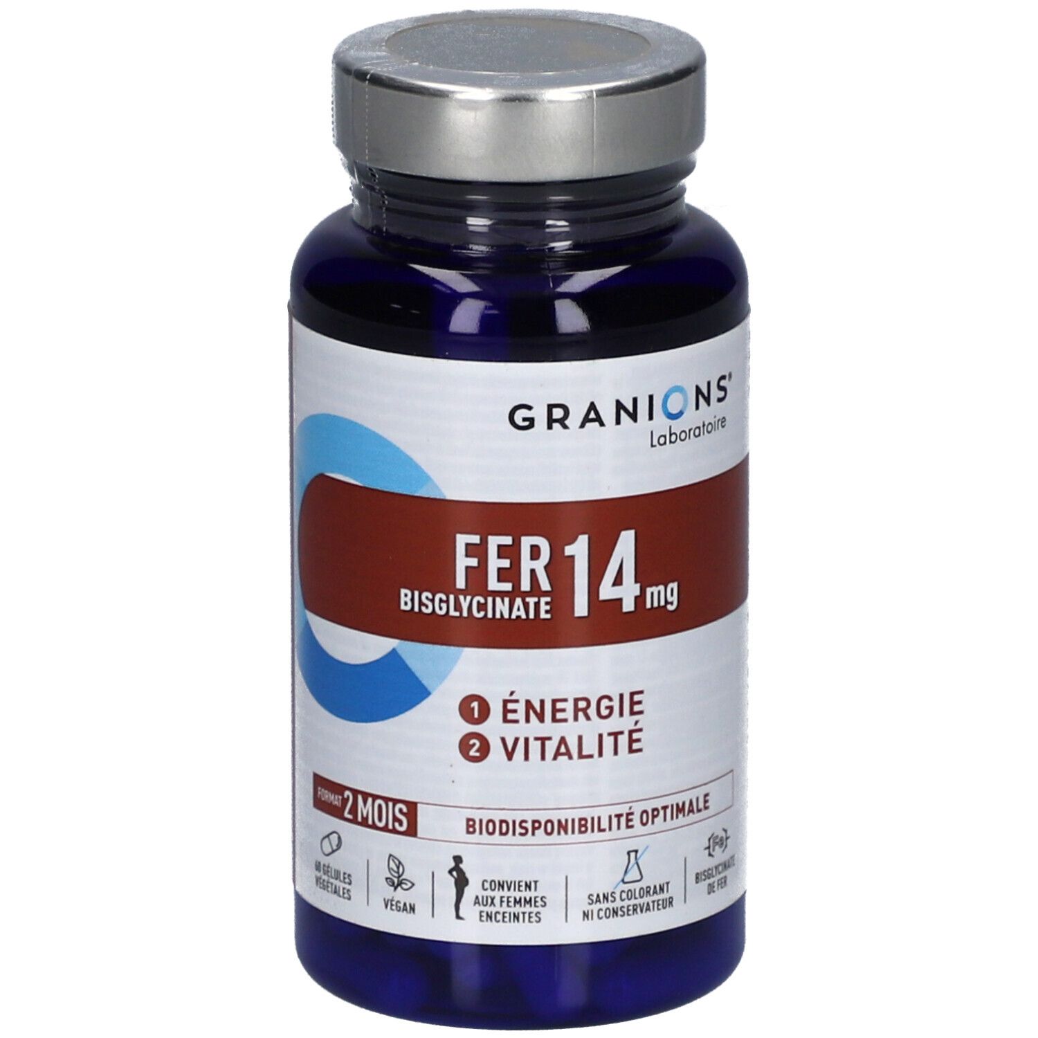 Flacon bleu de gélules. Inscriptions: GRANIONS, FER 14 mg, Énergie, Vitalité. Vegan, convient aux femmes enceintes.