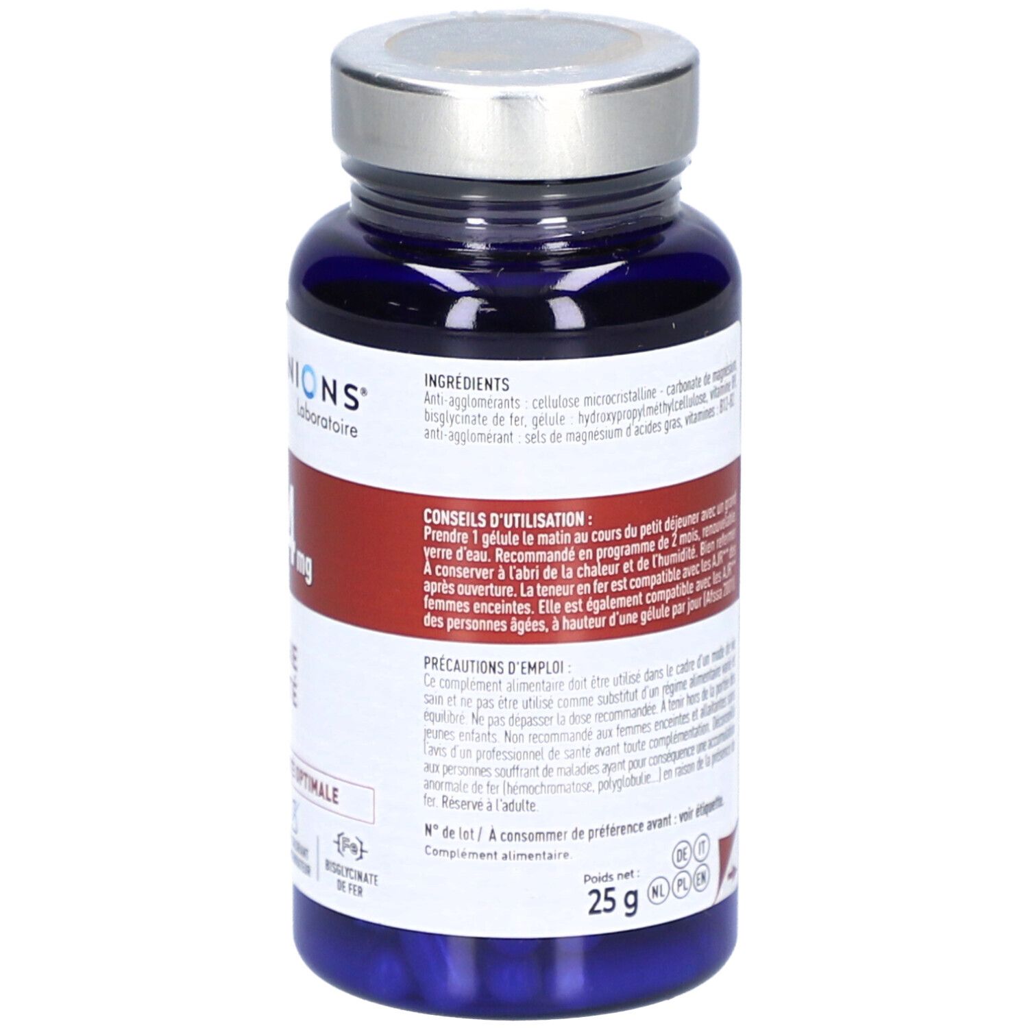 Dos du flacon bleu de gélules. Texte: Ingrédients, conseils d'utilisation, précautions d'emploi. 25g.