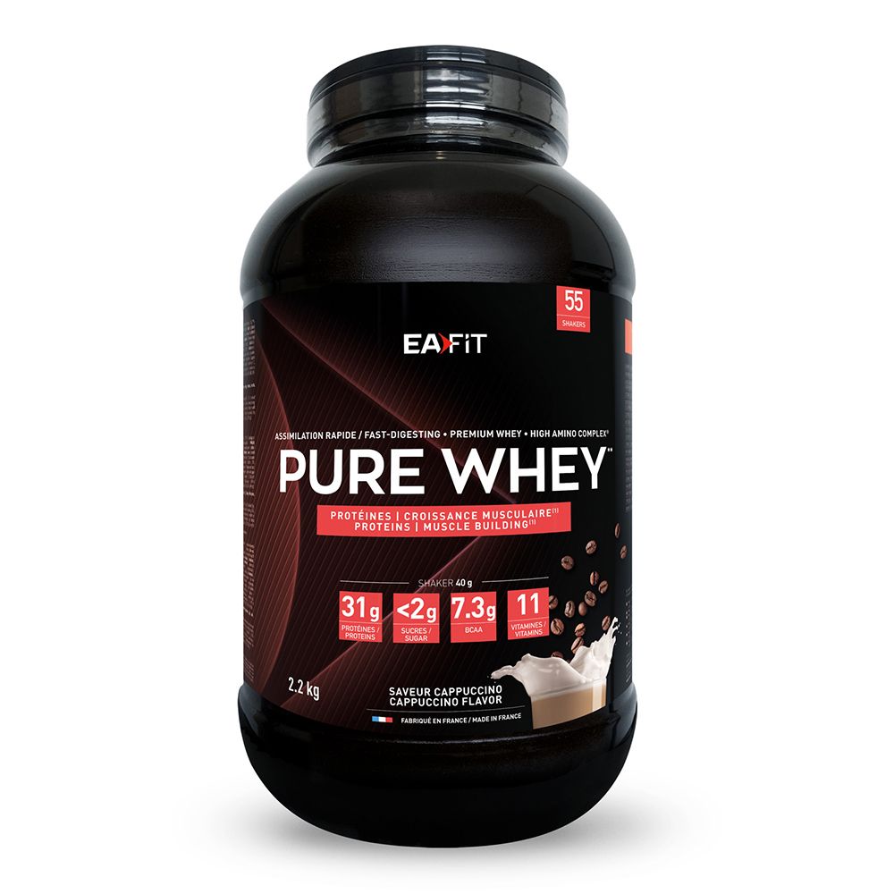 Schwarze Dose EA FIT Pure Whey Cappuccino. Rote Etiketten mit Nährwertangaben. 2,2 kg.