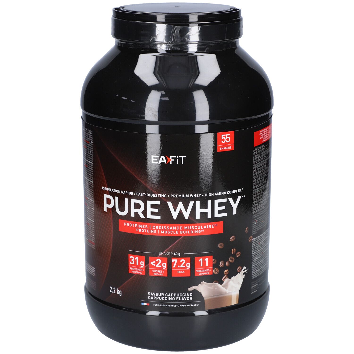 Schwarze Dose mit EAFIT Pure Whey. Aufschrift: Pure Whey, Cappuccino-Geschmack, 2,2 kg. Enthält 55 Portionen.
