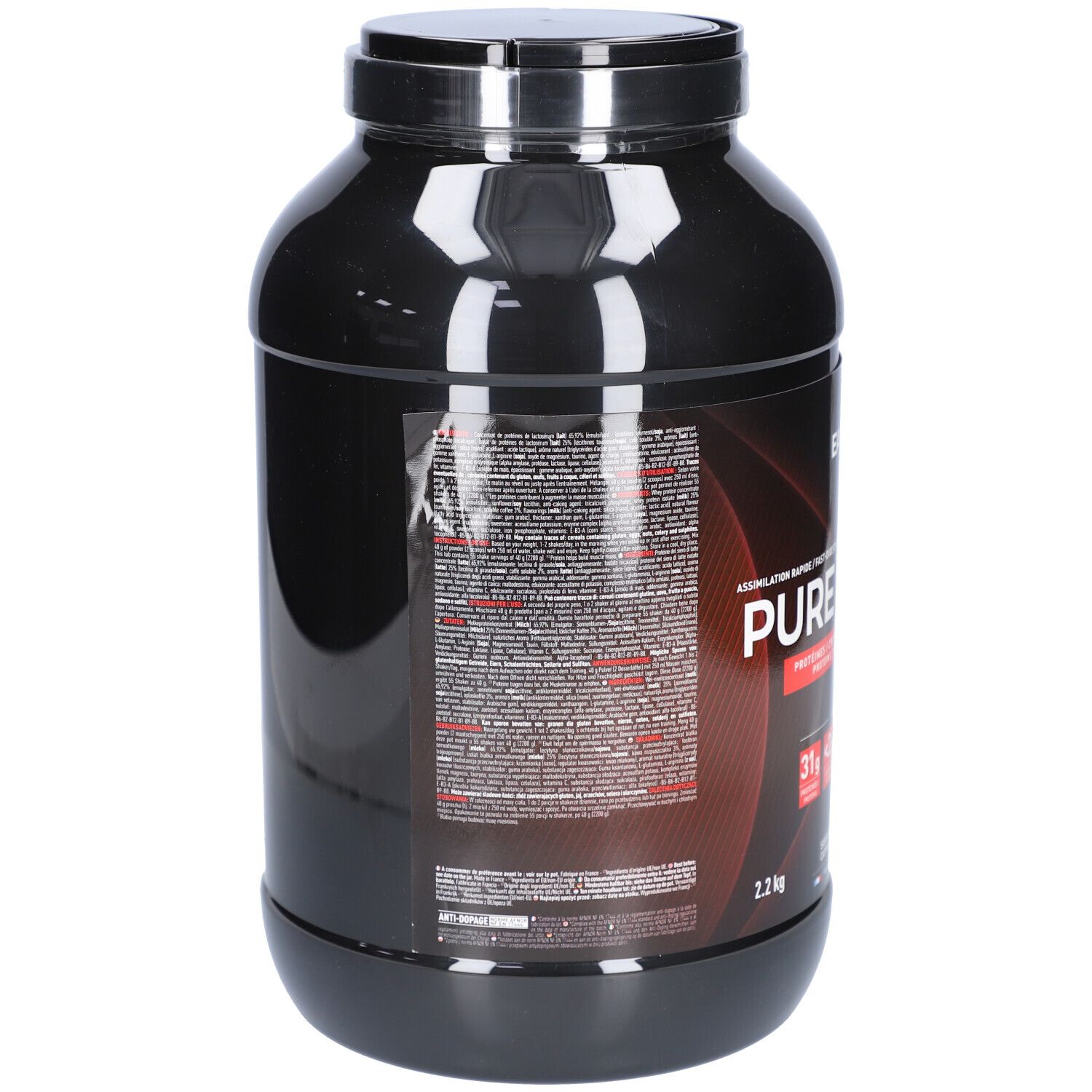 Rückseite der schwarzen Dose EAFIT Pure Whey. Text mit Nährwertangaben und Inhaltsstoffen. 2,2 kg.