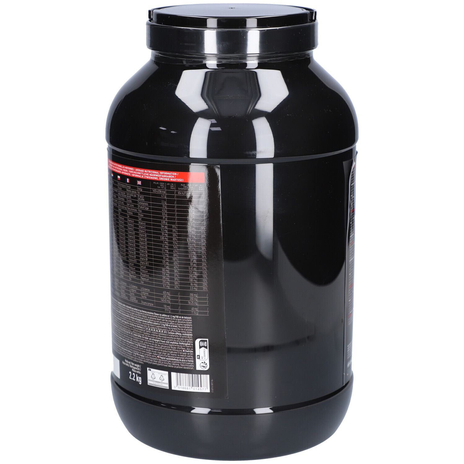 Schwarze Dose EAFIT Pure Whey, Seitenansicht. Text mit Nährwertangaben und Inhaltsstoffen. 2,2 kg.