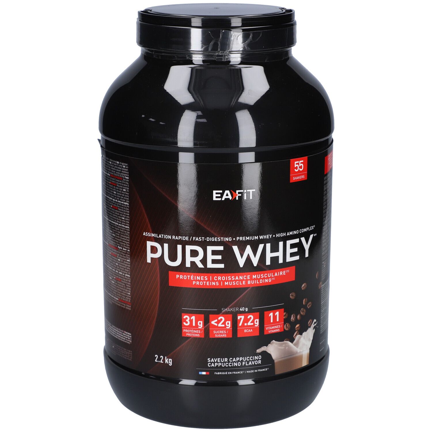 Schwarze Dose EAFIT Pure Whey. Aufschrift: Pure Whey, Cappuccino-Geschmack, 2,2 kg. Enthält 55 Portionen.