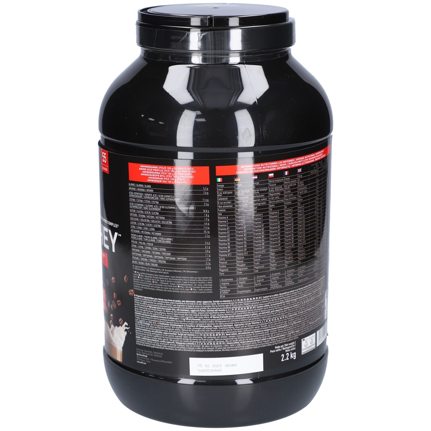 Rückseite der schwarzen Dose EAFIT Pure Whey. Text mit Nährwertangaben und Inhaltsstoffen. 2,2 kg.