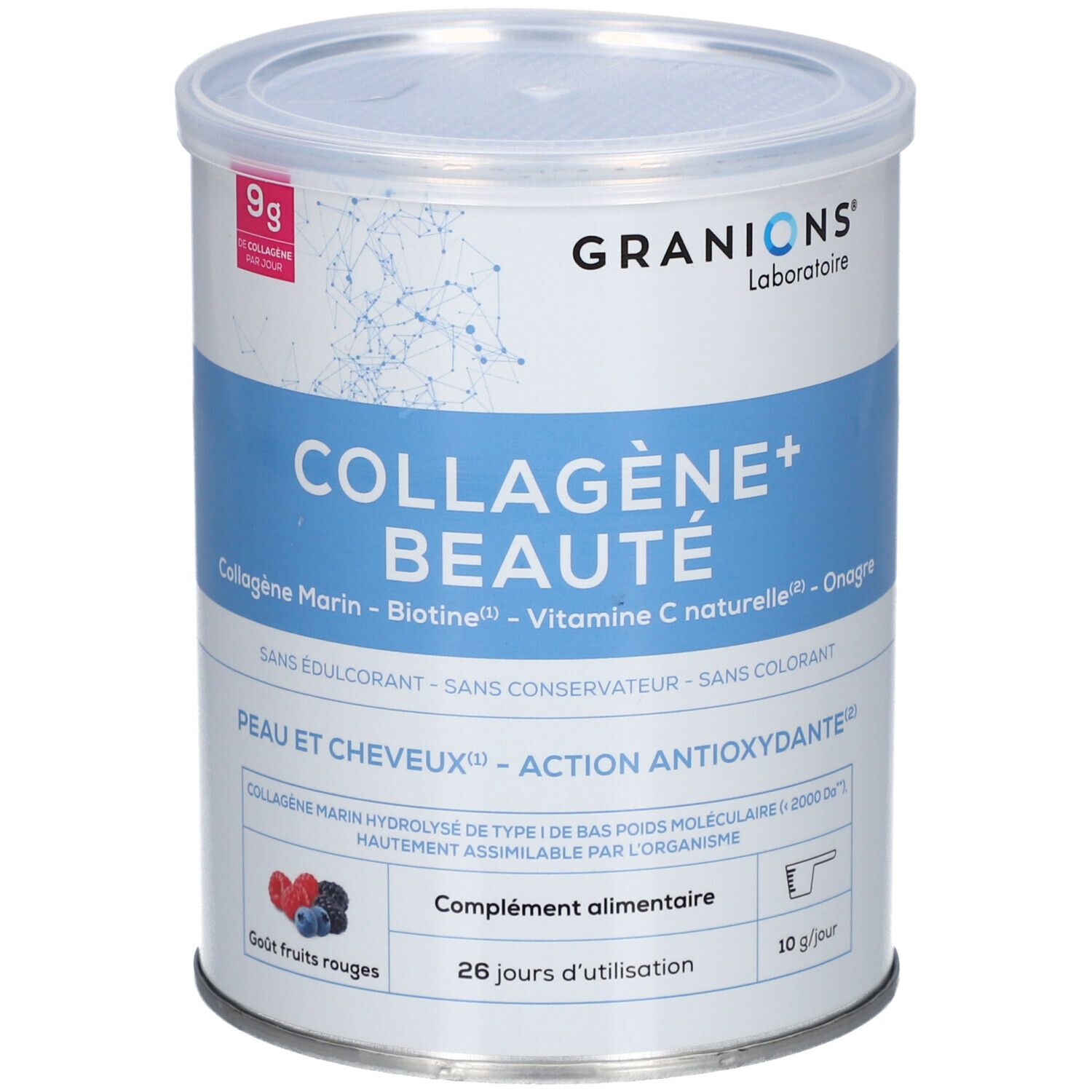 Dose GRANIONS COLLAGENE+ BEAUTÉ. Blaue und weiße Dose mit Produktinformationen und 9g Kollagen pro Tag.