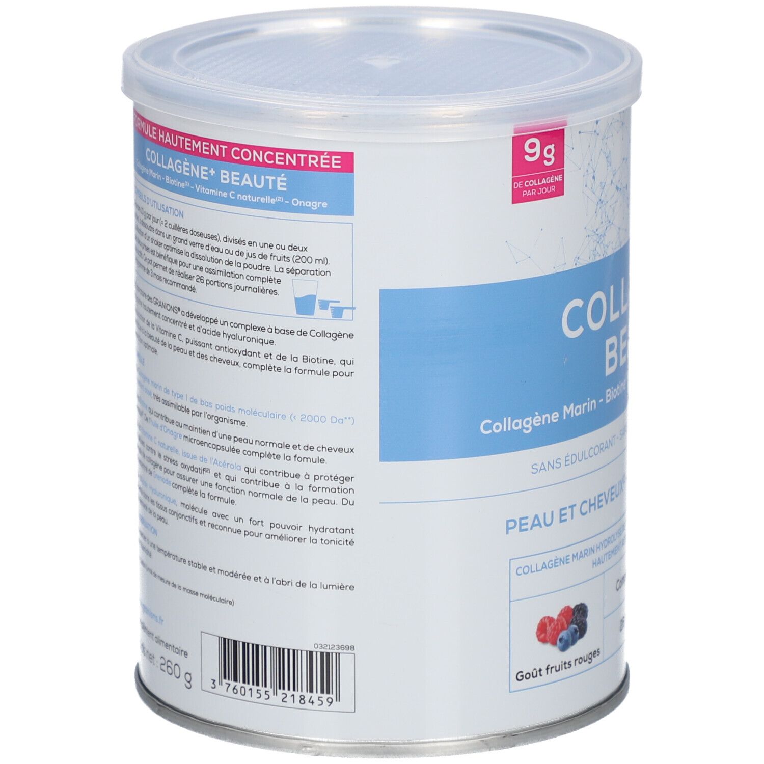 Dose GRANIONS COLLAGENE+ BEAUTÉ, Seitenansicht. Produktinformationen, Zutaten und Nährwertangaben.