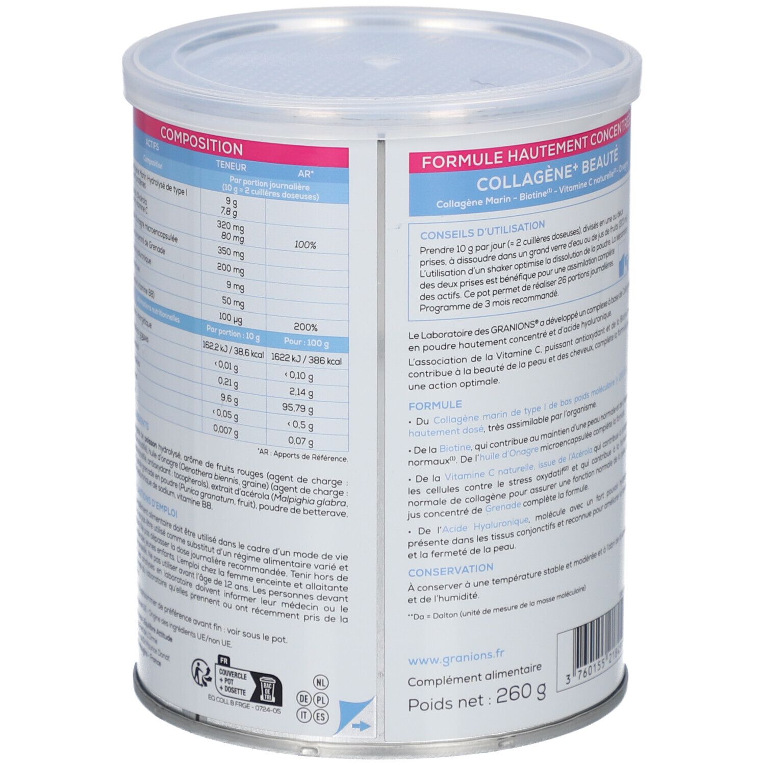 Dose GRANIONS COLLAGENE+ BEAUTÉ, Detailansicht der Produktinformationen und Nährwertangaben.