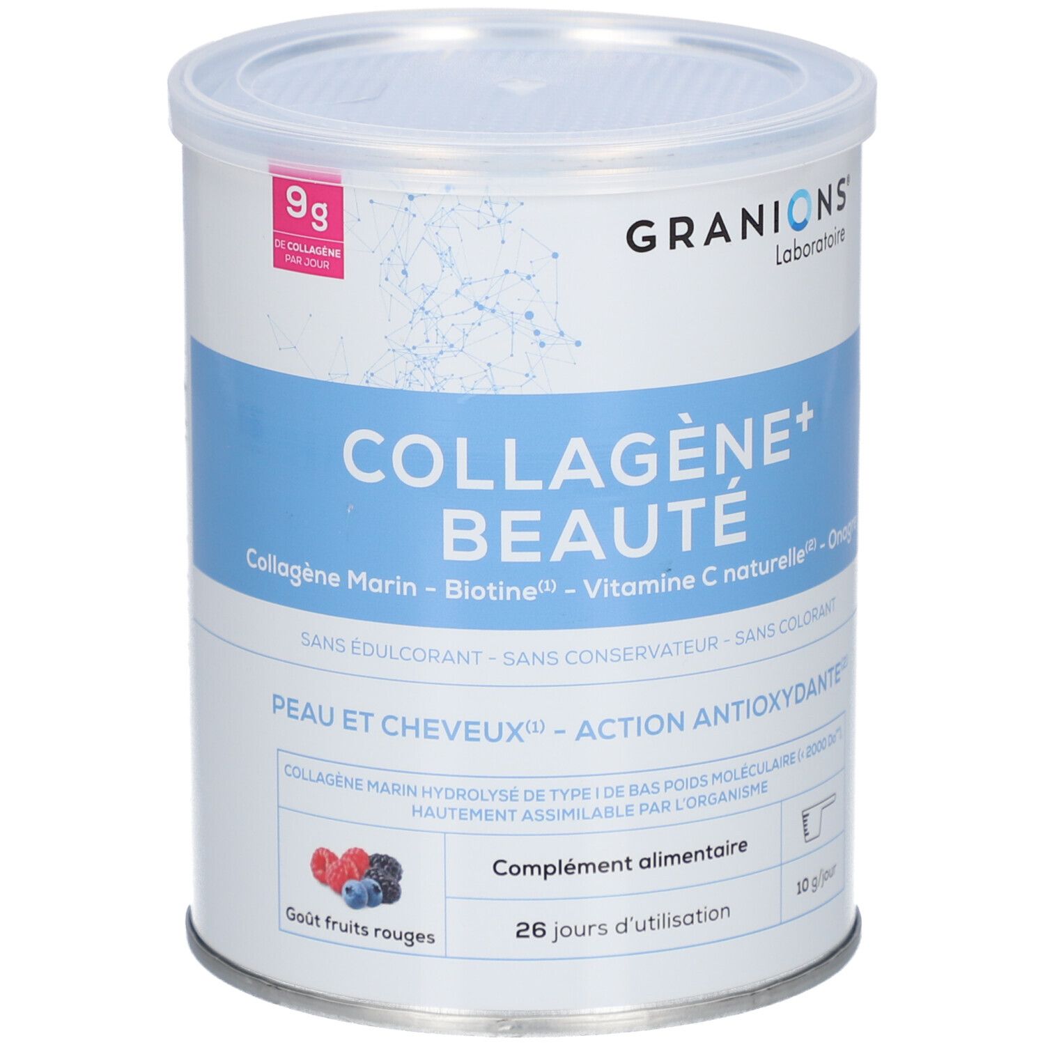 Dose GRANIONS COLLAGENE+ BEAUTÉ. Blaue und weiße Dose mit Produktinformationen und 9g Kollagen pro Tag.