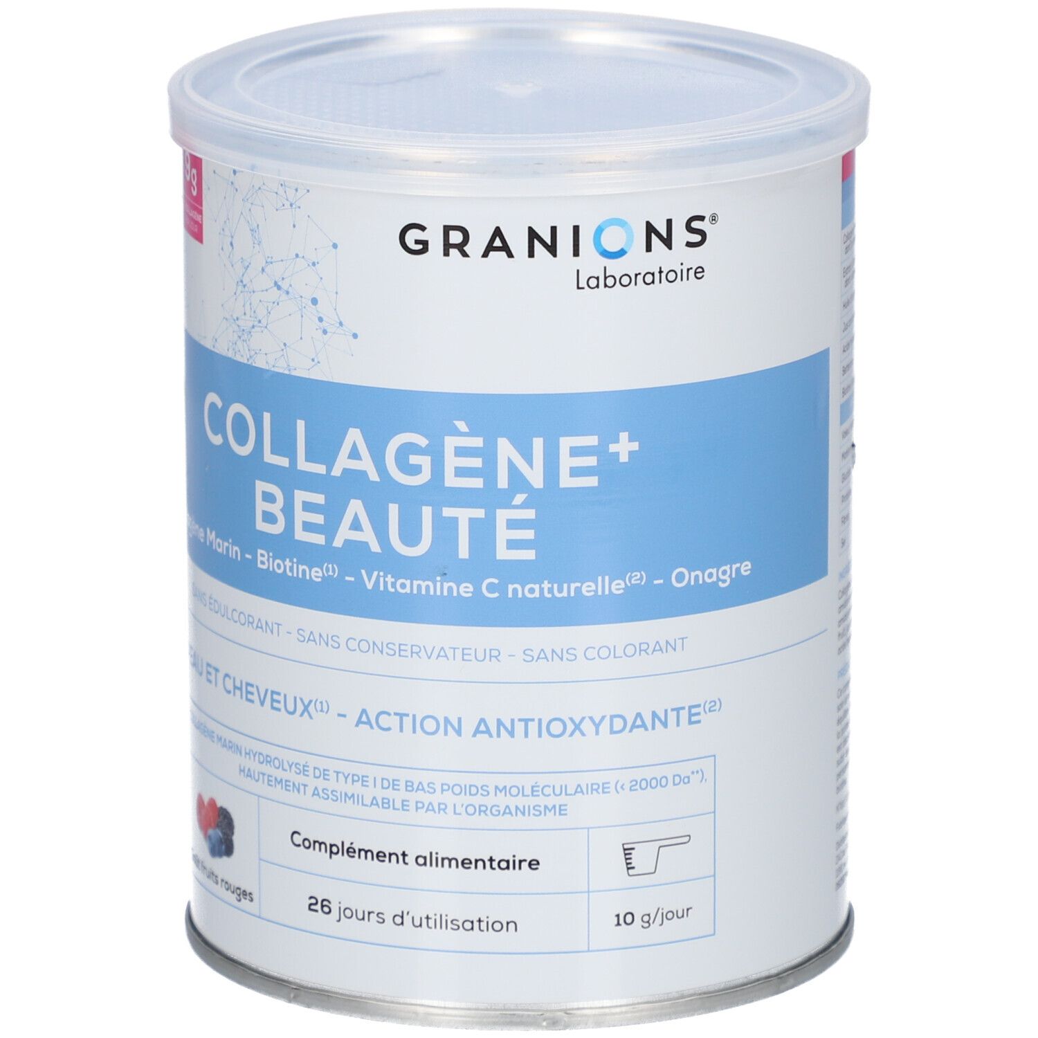 Dose GRANIONS COLLAGENE+ BEAUTÉ. Blaue und weiße Dose mit Produktinformationen und 9g Kollagen pro Tag.