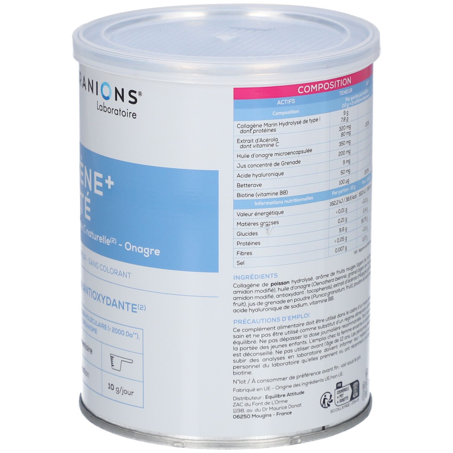 Dose GRANIONS COLLAGENE+ BEAUTÉ, Detailansicht der Produktinformationen und Nährwertangaben.