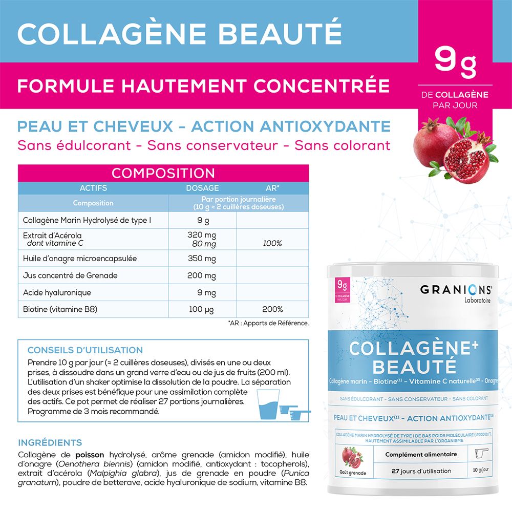 Produktinformationen auf weißem Hintergrund. Enthält Inhaltsstoffe, Dosierung, Anwendungshinweise und Nährwertangaben. Dose GRANIONS COLLAGÈNE+ BEAUTÉ.