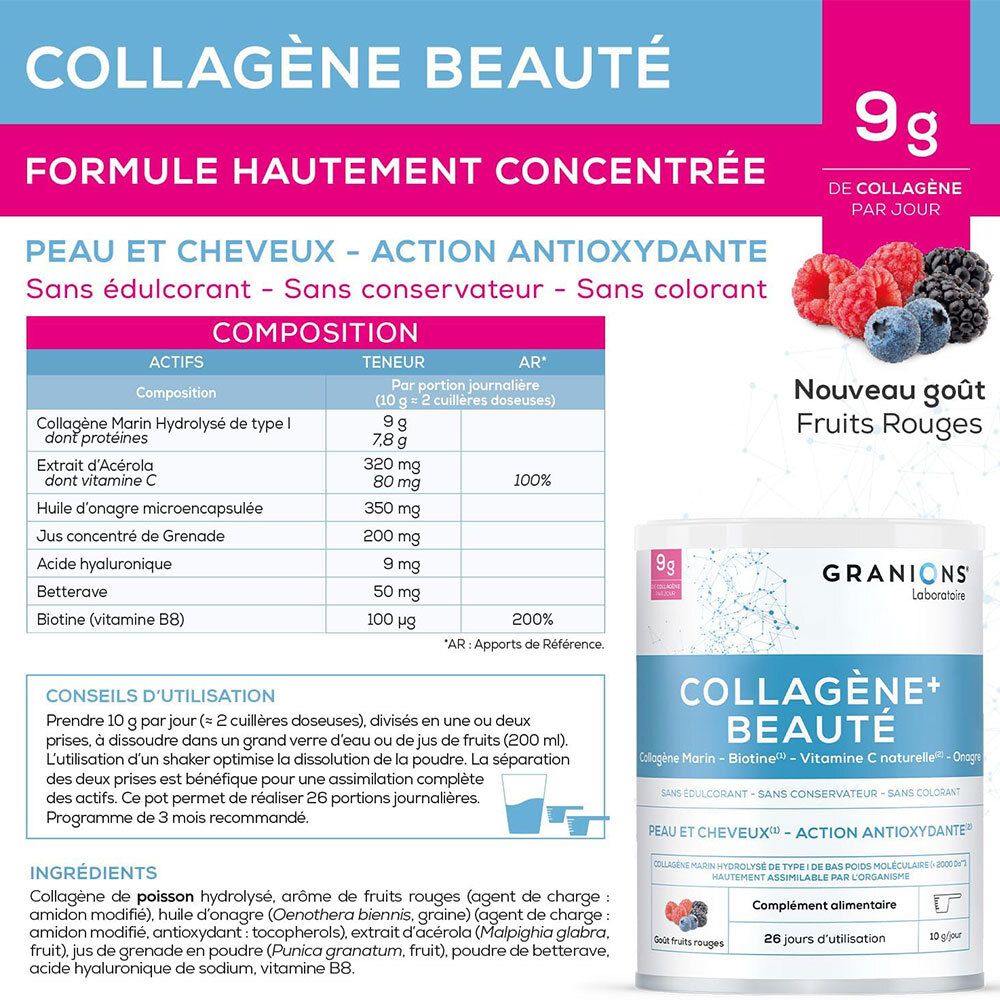 Detaillierte Zusammensetzung und Vorteile von GRANIONS Kollagen + Schönheit, Rote Früchte Geschmack.