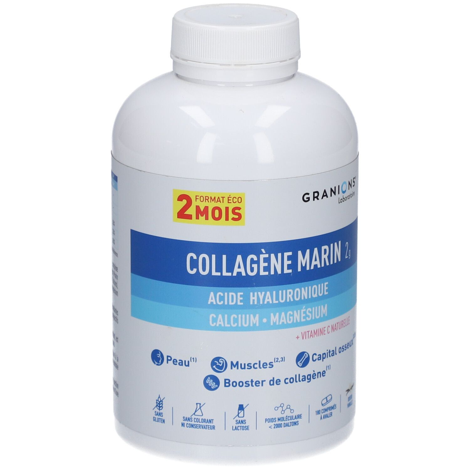 Flacon blanc avec étiquette bleue et blanche. Contient GRANIONS Collagène Marin 2g, acide hyaluronique, calcium, magnésium.