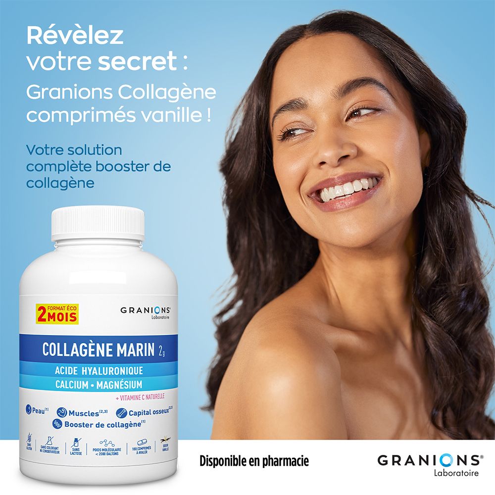 Frau mit glatter Haut. Produktflasche. Enthält Kollagen, Hyaluronsäure, Calcium, Magnesium und Vitamin C. In der Apotheke erhältlich.