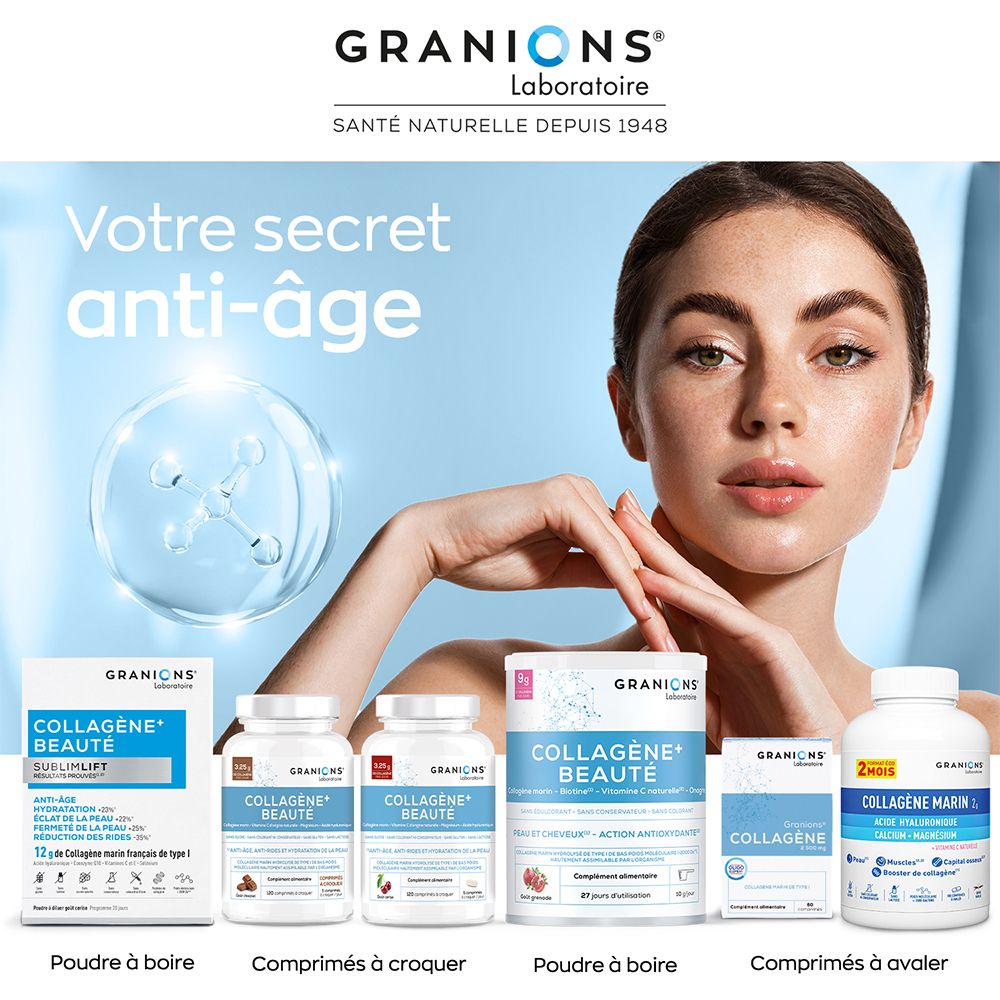 Verschiedene Produktverpackungen. Enthält Kollagen, Hyaluronsäure, Calcium, Magnesium. Anti-Aging-Produkte.