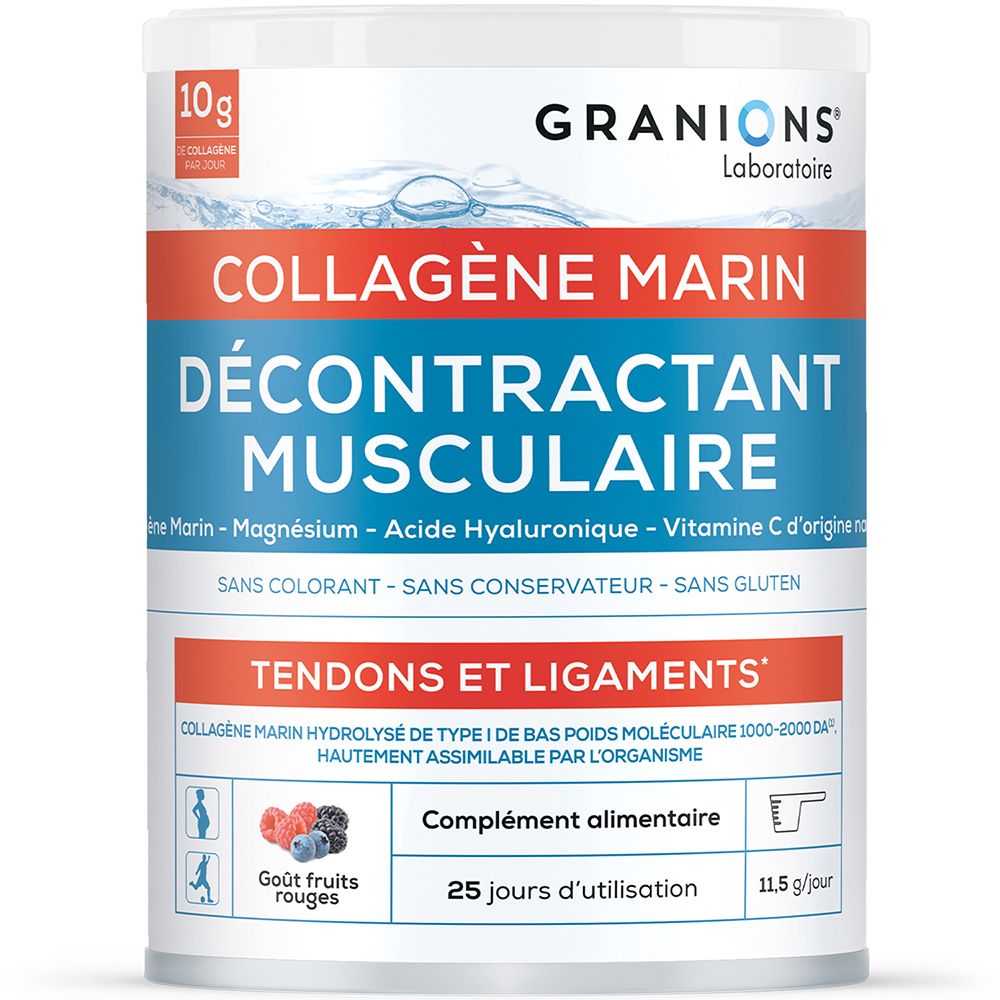 Boîte cylindrique GRANIONS. Contient Collagène Marin, Décontractant Musculaire, 10g. Goût fruits rouges.
