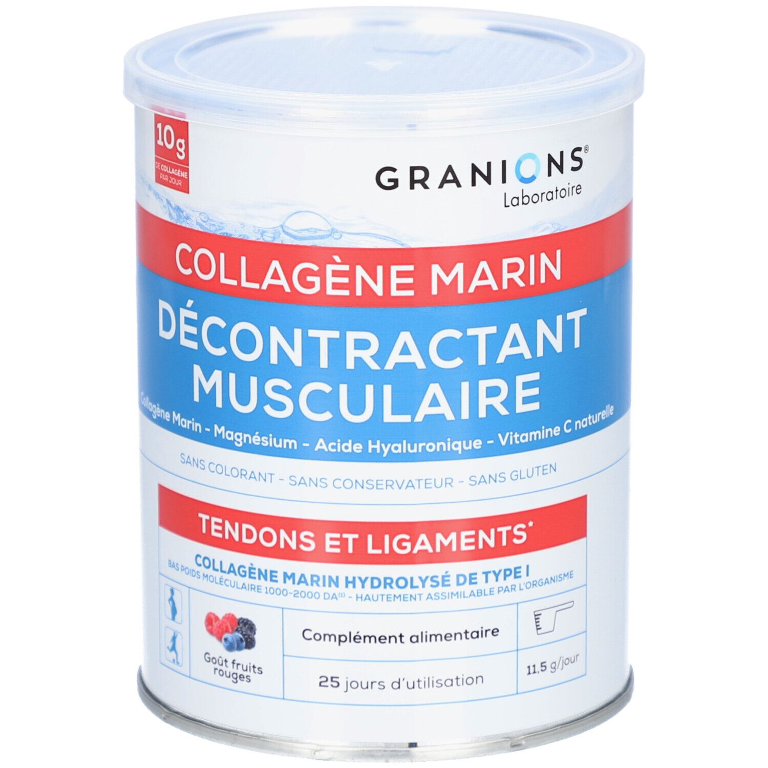 Zylindrische Dose mit Deckel. Aufschrift: GRANIONS, COLLAGÈNE MARIN DÉCONTRACTANT MUSCULAIRE. Enthält 10g Kollagen pro Tag.