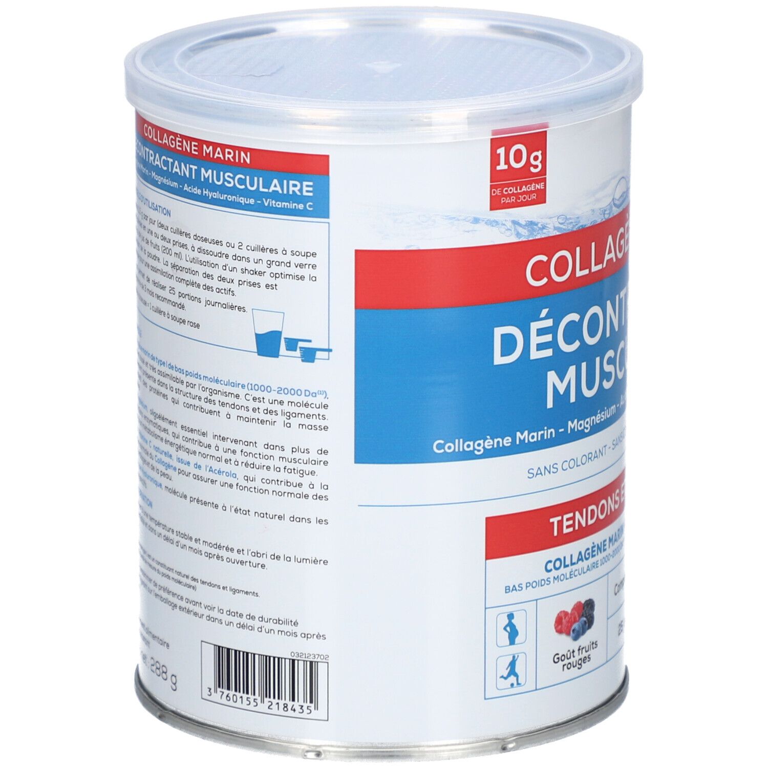 Zylindrische Dose mit Deckel. Aufschrift: COLLAGÈNE MARIN DÉCONTRACTANT MUSCULAIRE. Enthält 288g. Rückseite mit Informationen und Inhaltsstoffen.