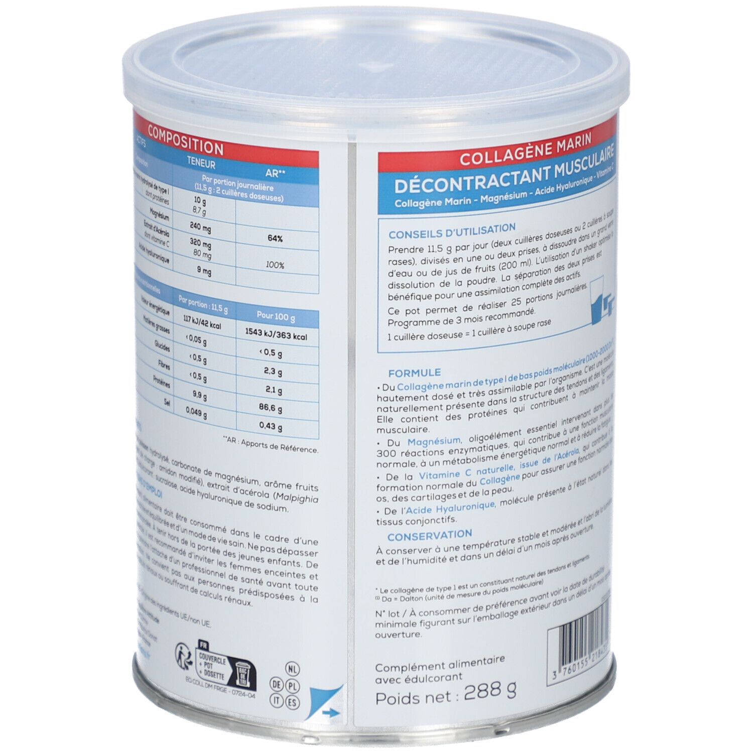 Zylindrische Dose mit Deckel. Rückseite mit Nährwertangaben und Inhaltsstoffen. Enthält 288g. Marke: GRANIONS.