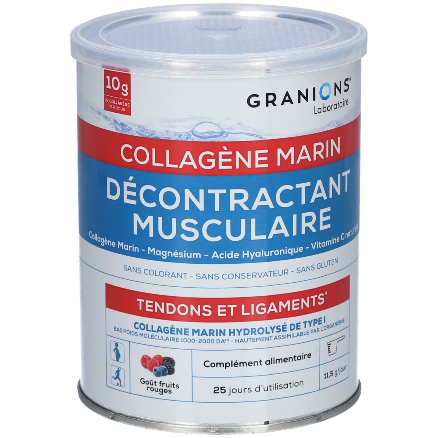 Zylindrische Dose mit Deckel. Aufschrift: GRANIONS, COLLAGÈNE MARIN DÉCONTRACTANT MUSCULAIRE. Enthält 10g Kollagen pro Tag.