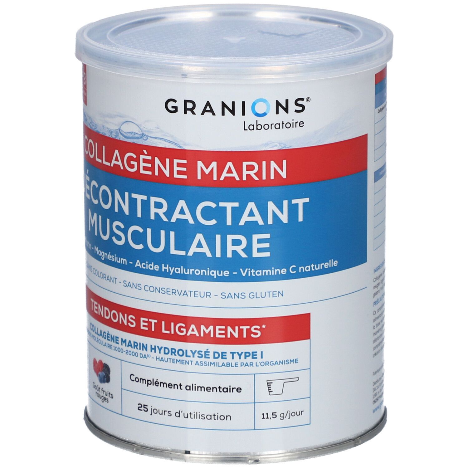 Zylindrische Dose mit Deckel. Aufschrift: GRANIONS, COLLAGÈNE MARIN DÉCONTRACTANT MUSCULAIRE. Enthält 10g Kollagen pro Tag.