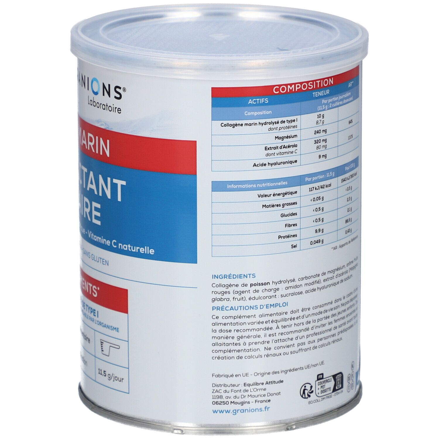 Zylindrische Dose mit Deckel. Rückseite mit Nährwertangaben und Inhaltsstoffen. Marke: GRANIONS.