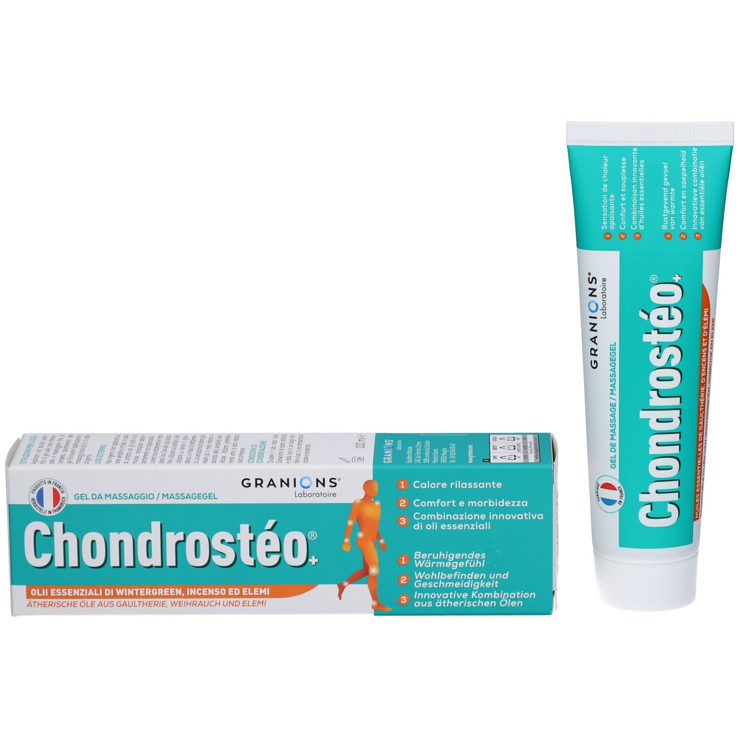 Chondrostéo Gel Tube und Schachtel. Türkis-weiß. Text: GRANIONS, Chondrostéo, Gel de massage. Abbildung einer Person.