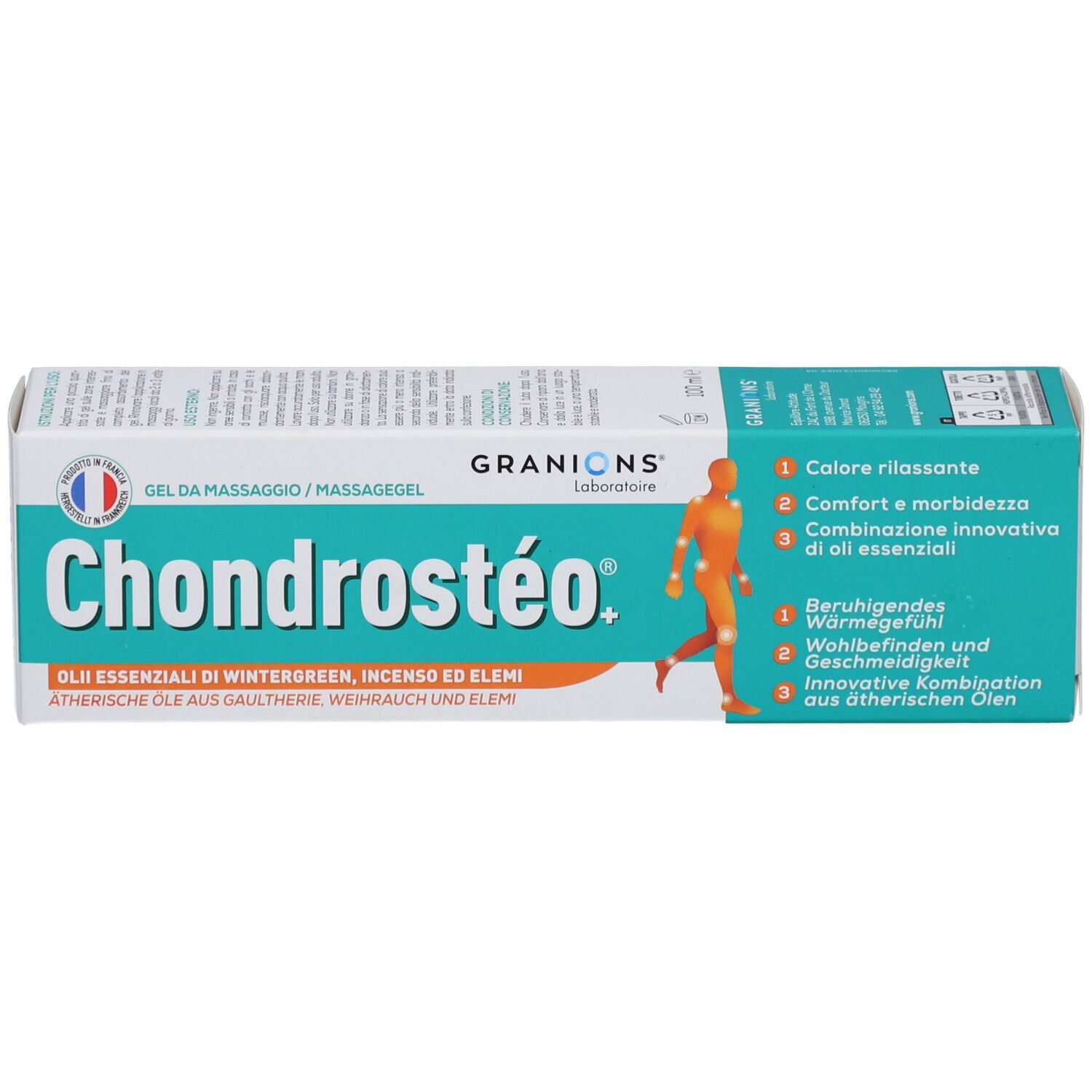 Schachtel mit Chondrostéo Gel. Türkis-weiß. Text: GRANIONS, Chondrostéo, Gel de massage. Abbildung einer Person.