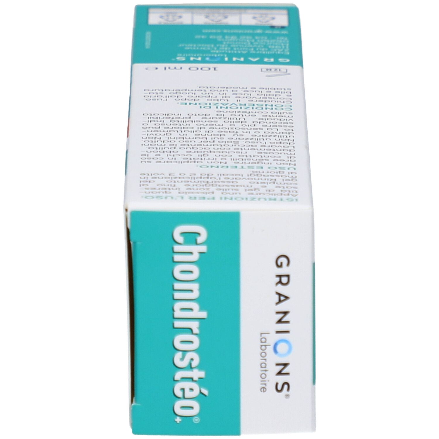 Seitenansicht der Schachtel mit Chondrostéo Gel. Türkis-weiß. Text: GRANIONS, Chondrostéo.