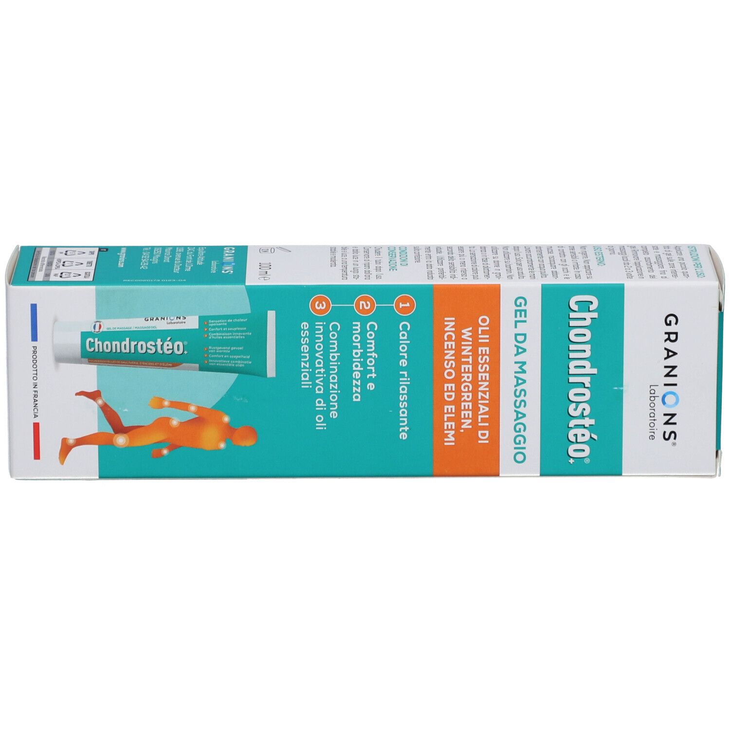 Schachtel mit Chondrostéo Gel und Tube. Türkis-weiß. Text: GRANIONS, Chondrostéo, Gel de massage. Abbildung einer Person.