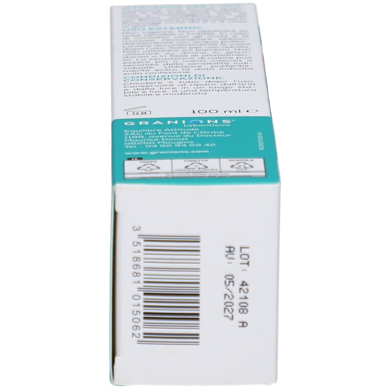 Rückseite der Schachtel mit Chondrostéo Gel. Türkis-weiß. Text, Barcode, Chargennummer, Verfallsdatum.