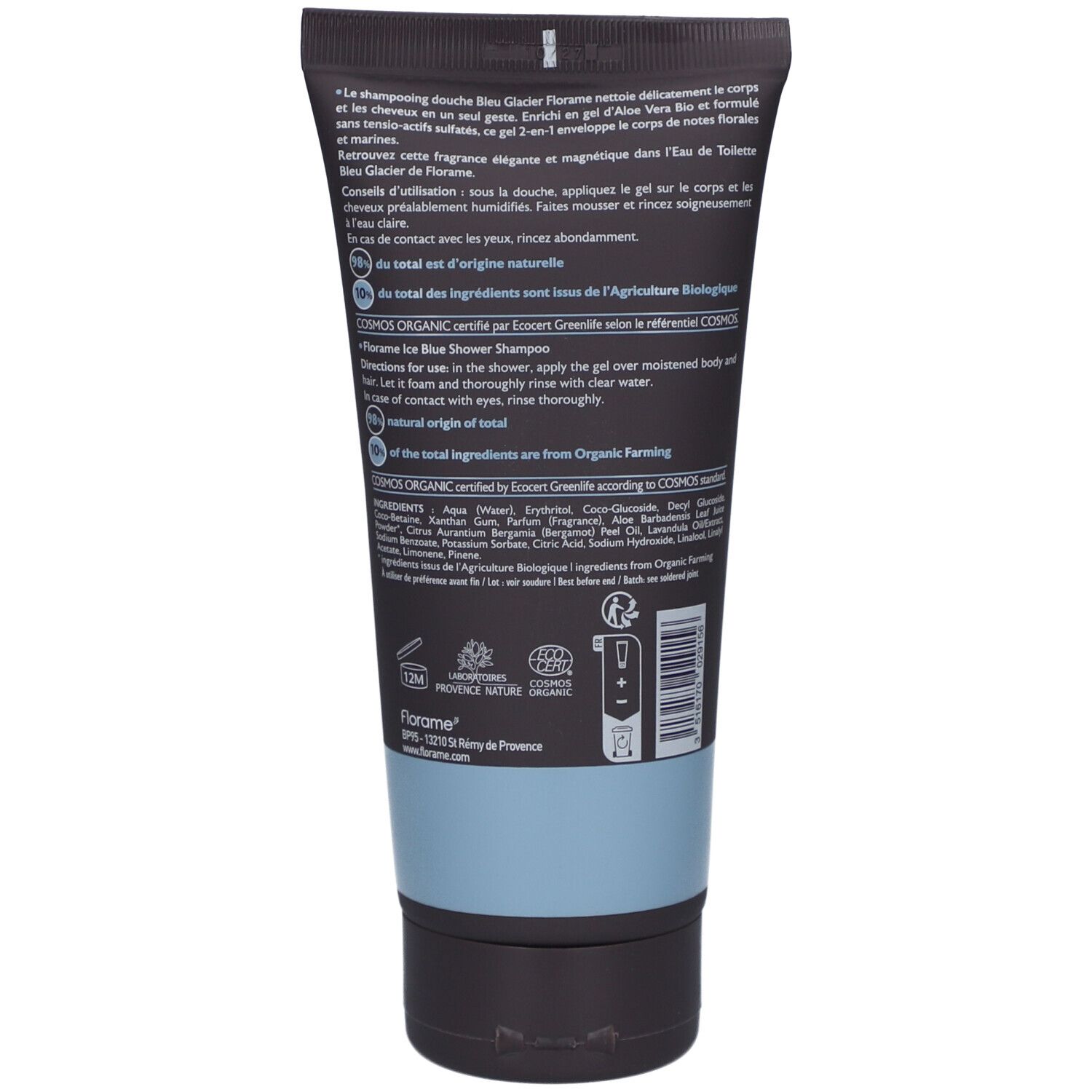 Dos du tube. Texte: ingrédients, certification bio, origine. Bande bleue en bas.