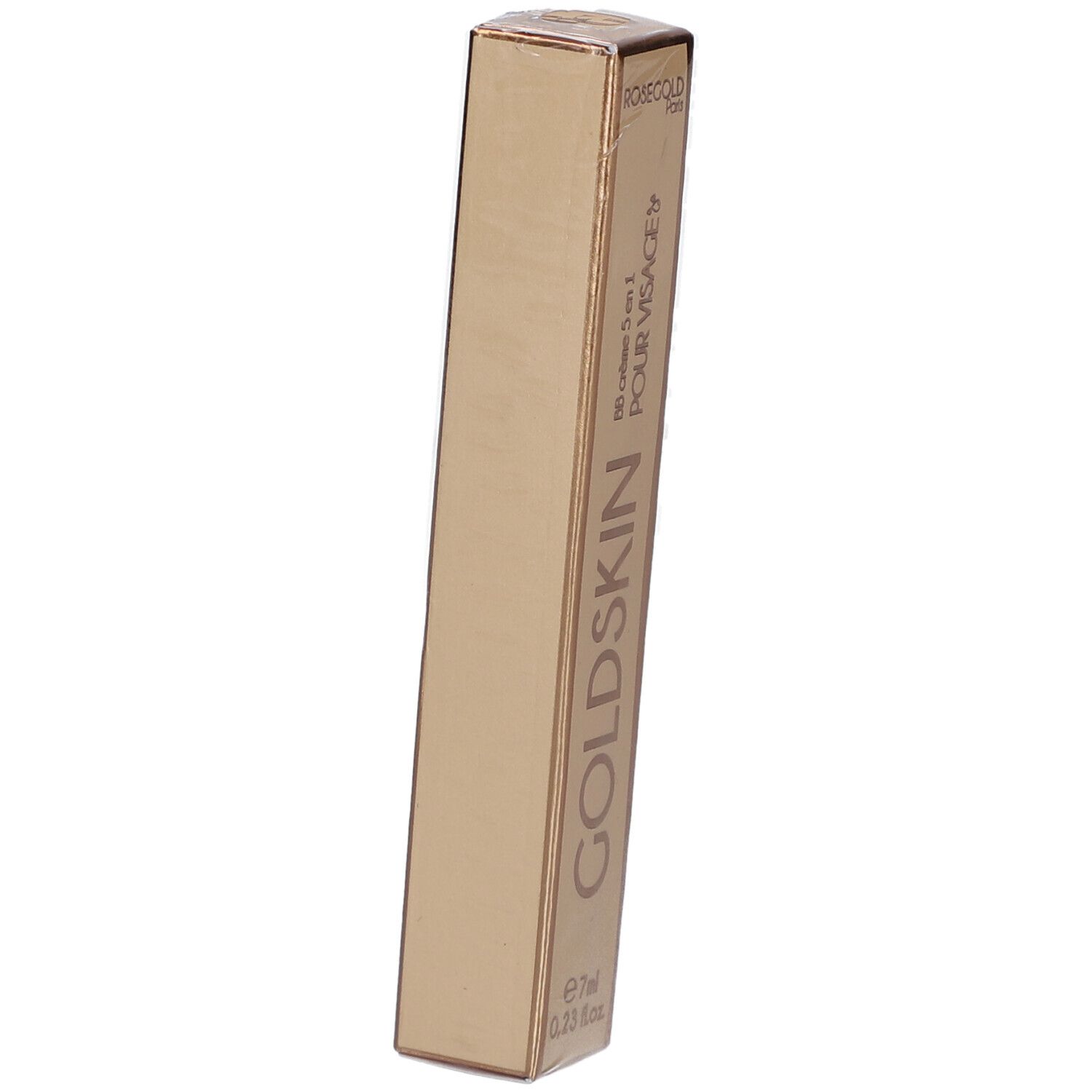 Emballage Goldskin doré, rectangulaire. Inscriptions: GOLDSKIN, BB crème 5 en 1 POUR VISAGE, 7ml.