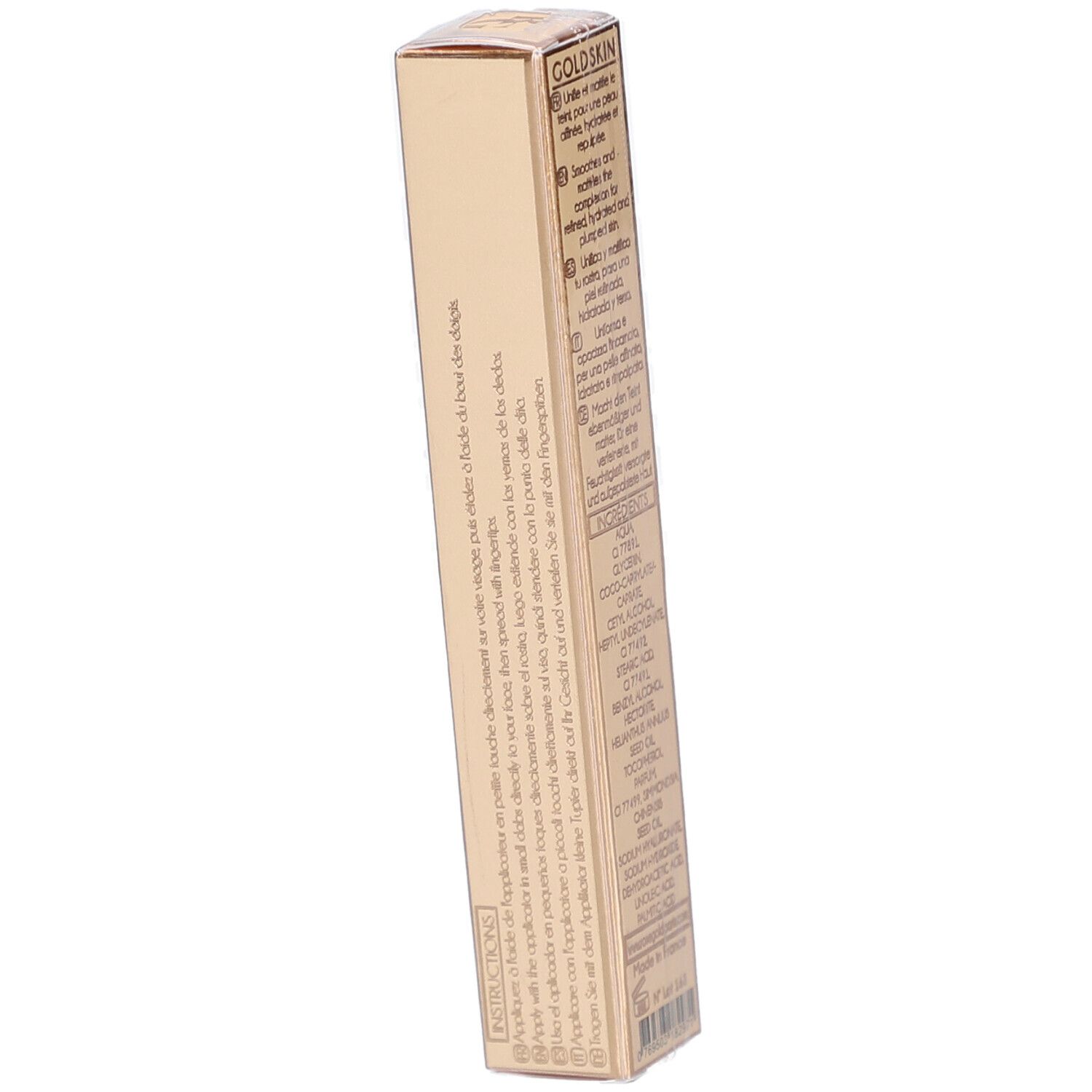 Emballage Goldskin doré, rectangulaire. Verso avec instructions en plusieurs langues.
