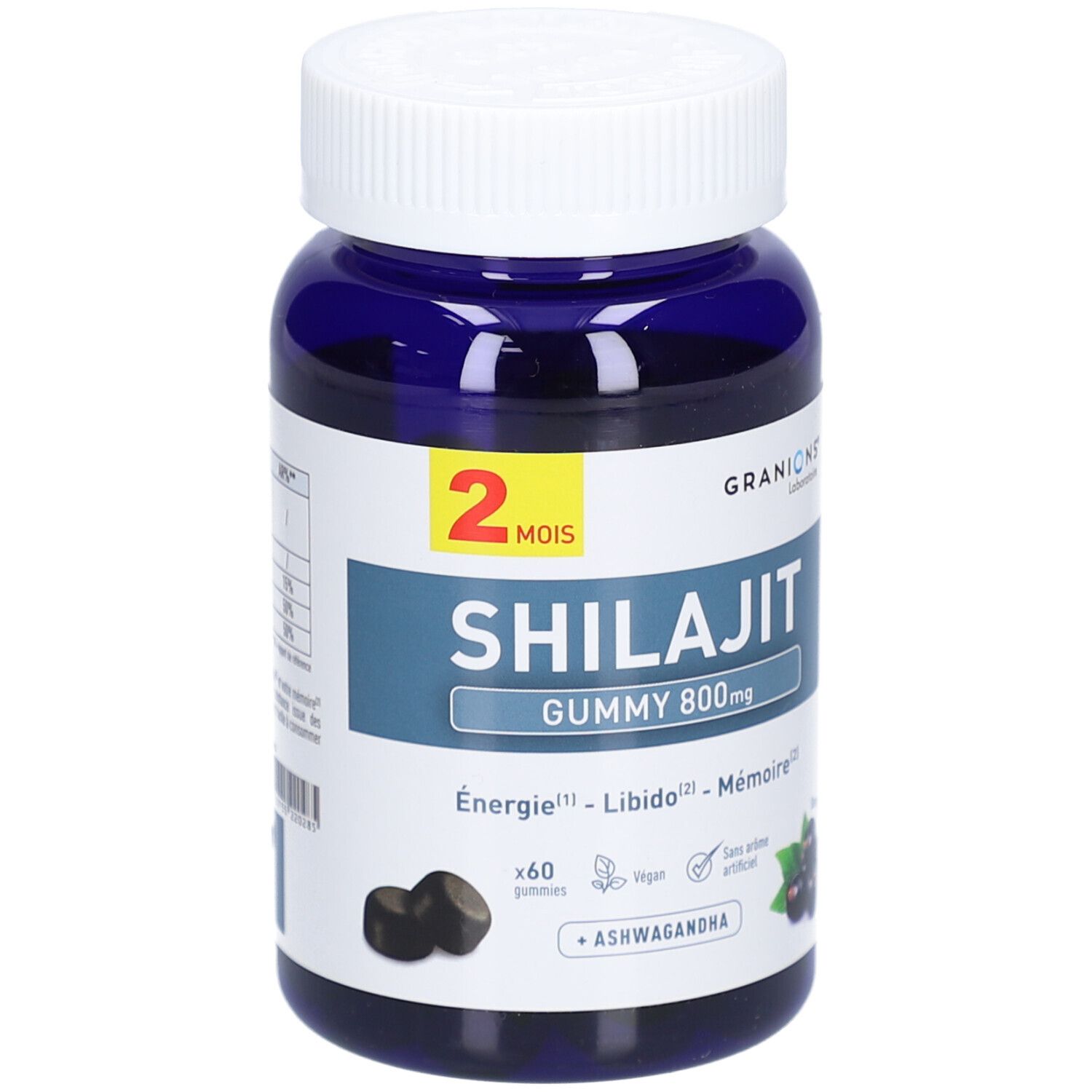 Blaue Flasche mit weißen Deckel. Aufschrift: Shilajit Gummy 800mg, 60 Gummies, + Ashwagandha. Schwarze Gummies.
