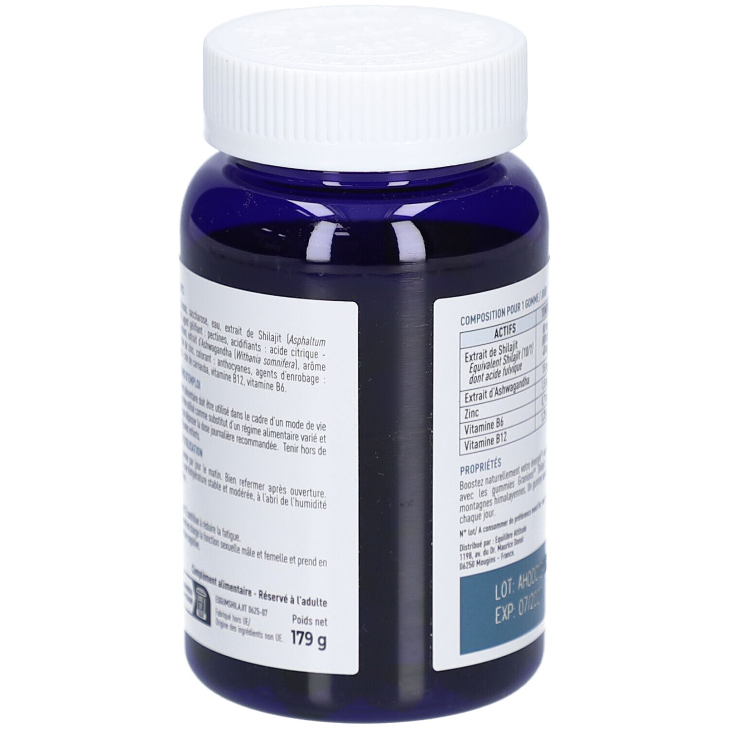 Rückseite der blauen Flasche. Enthält Informationen zu Inhaltsstoffen und Nährwerten. Gewicht 179g.