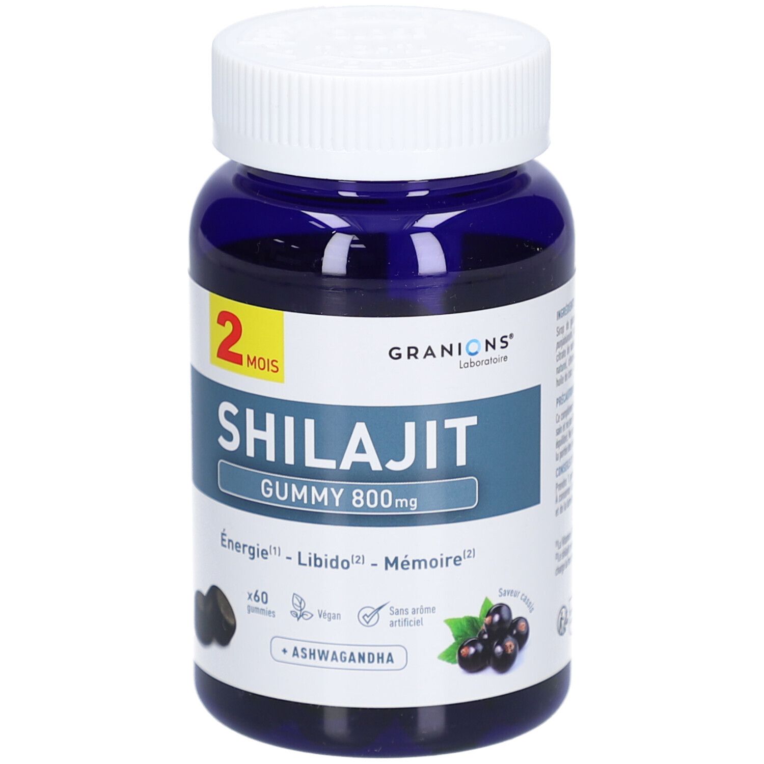 Blaue Flasche mit weißen Deckel. Aufschrift: Shilajit Gummy 800mg, 60 Gummies, + Ashwagandha. Schwarze Gummies.