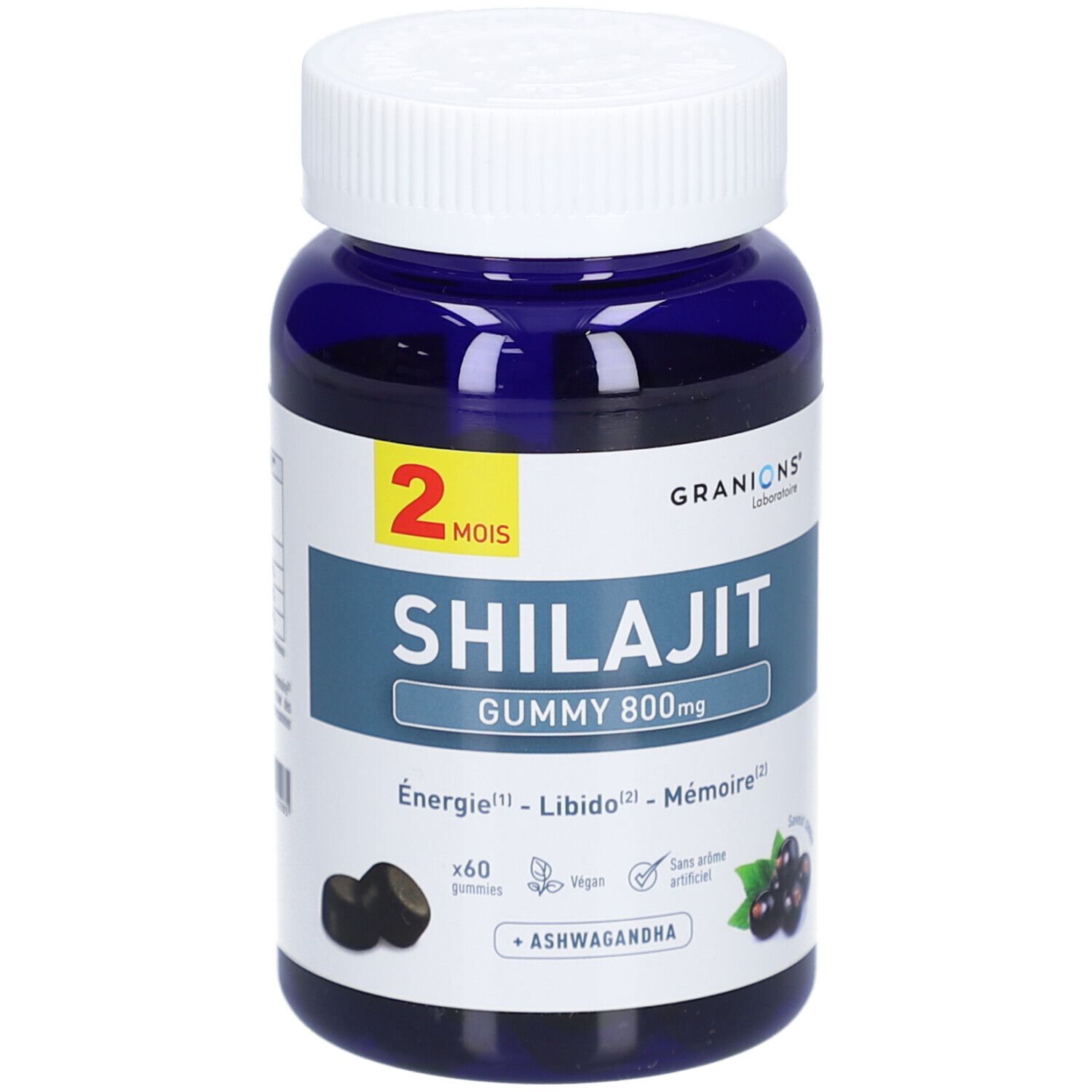 Blaue Flasche mit weißen Deckel. Aufschrift: Shilajit Gummy 800mg, 60 Gummies, + Ashwagandha. Schwarze Gummies.