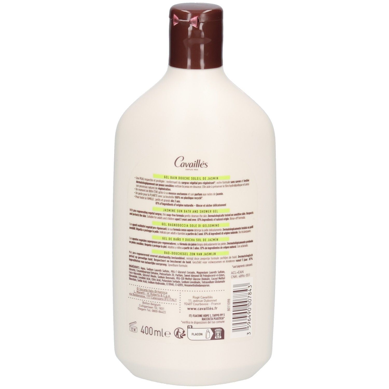Rückseite der Flasche. Text auf Etikett, Produktname und Volumenangabe '400 ml'.