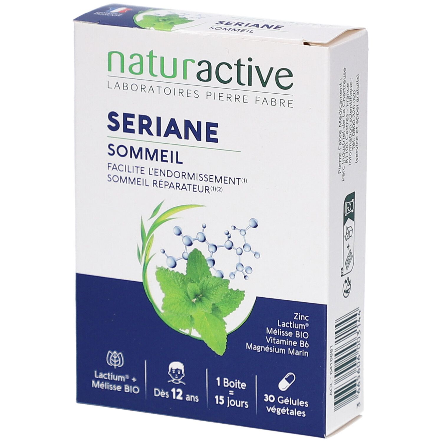Boîte SERIANE SOMMEIL. Contient 30 gélules. Ingrédients : Lactium, Mélisse BIO, Vitamine B6, Magnésium Marin.