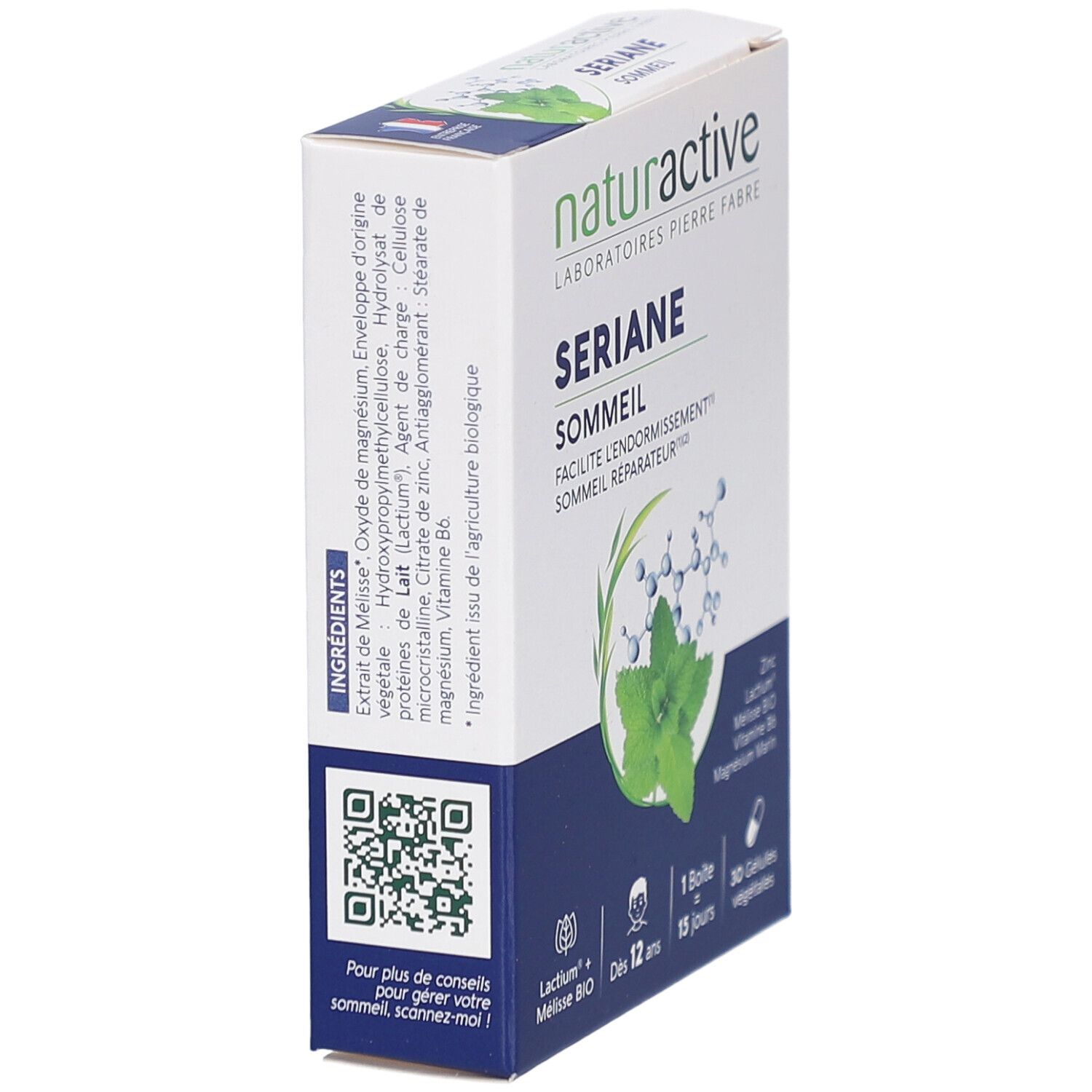 Boîte SERIANE SOMMEIL. Liste des ingrédients : Lactium, Mélisse, Vitamine B6, Magnésium. Code QR et texte.