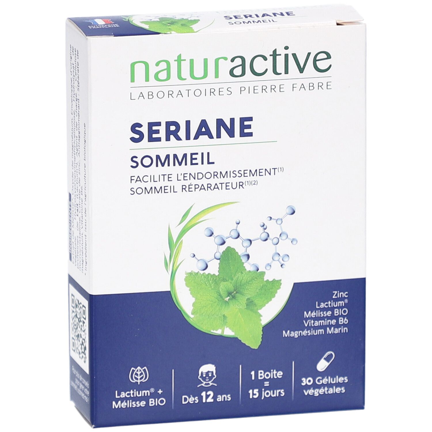 Vue de face de la boîte SERIANE SOMMEIL. Contient 30 gélules. Ingrédients : Lactium, Mélisse BIO, Vitamine B6, Magnésium Marin.