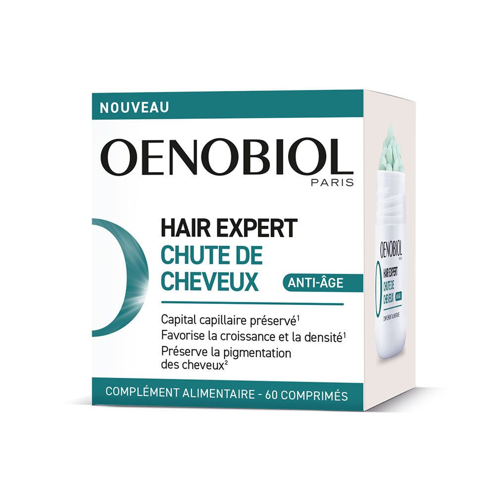 OENOBIOL-Produktverpackung. Weißer Behälter mit grüner Schrift. Enthält 60 Tabletten. Text: Hair Expert Chute de Cheveux.