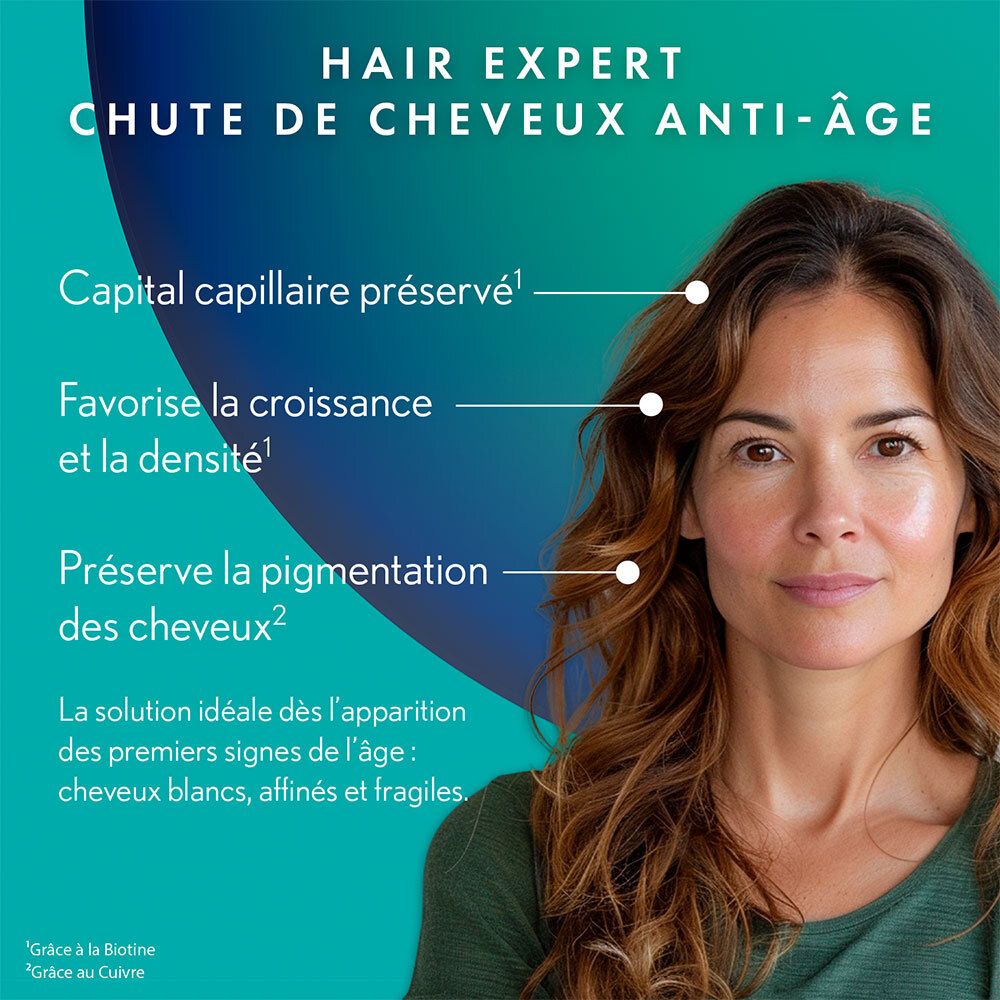 Frau mit braunen Haaren. Text: Hair Expert Chute de Cheveux Anti-Âge. Erhaltung der Haare, Förderung des Wachstums, Pigmentierung.