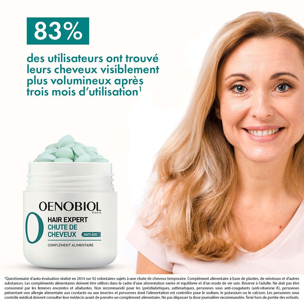 Frau lächelt. OENOBIOL Hair Expert Chute de Cheveux. 83% der Anwender fanden ihr Haar nach 3 Monaten voluminöser.