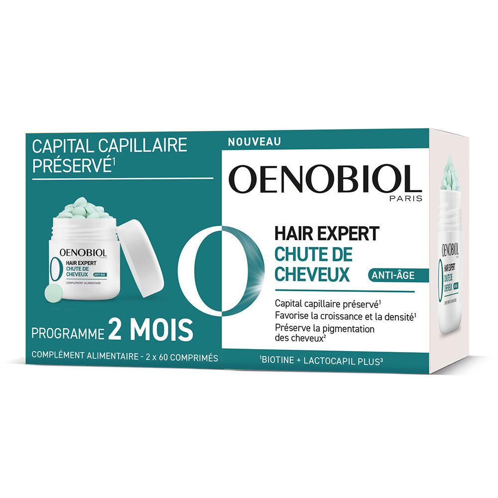 OENOBIOL-Verpackung. Enthält Tabletten. Aufschrift: Hair Expert Chute de Cheveux. 2 Monate Programm.